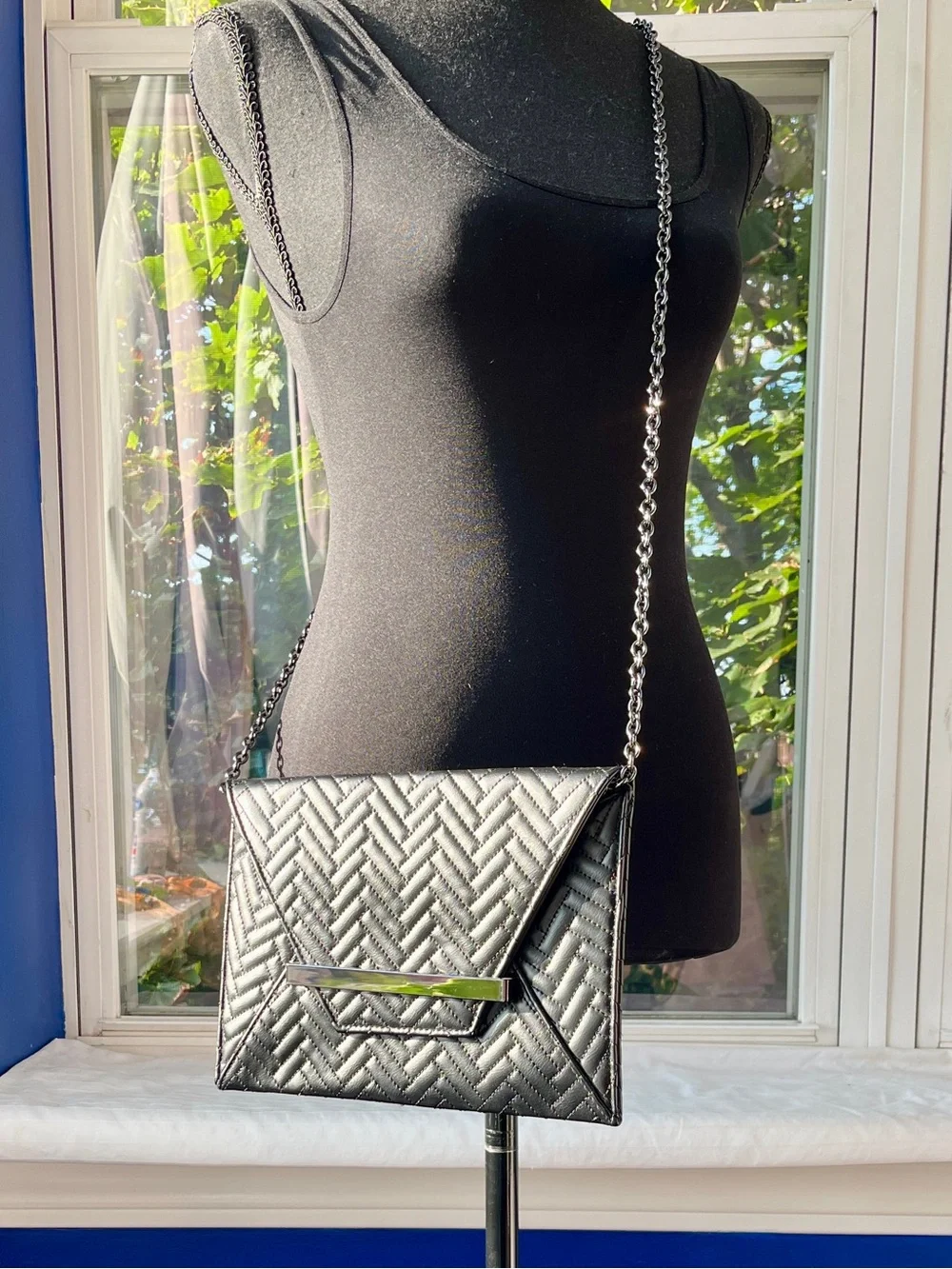 Mossimo Quilted Envelope Clutch with Detachable Chain Strap - Black & Gunmetal